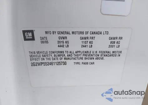 2006 Pontiac Grand Prix z USA, uszkodzony, nr VIN 2G2WP552461125730